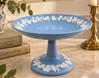 Vintage Wedgwood Embossed Queen’s Ware Compote | Blue and White Grapevine Pedestal Dish | Etruria Barlaston England