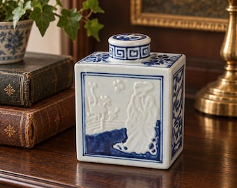 Vintage Blue & White Chinoiserie Ceramic Bottle Vase | Chinese Inspired Relief Figure | Square Decorative Vessel