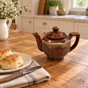 May include: A brown ceramic teapot with a glossy finish and a cream-colored drip glaze around the middle. The teapot features a lid with a small knob, a curved spout, and a sturdy handle. It sits on a wooden surface next to a plate of scones.