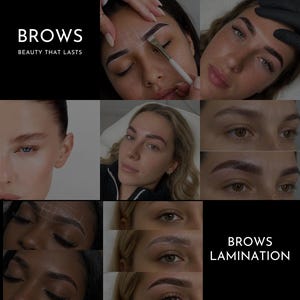 Puede incluir: Un collage de imágenes que muestra procedimientos de laminado y modelado de cejas. El texto BROWS BEAUTY THAT LASTS y BROWS LAMINATION es visible. Las imágenes muestran varias etapas del proceso, incluyendo el mapeo y los resultados finales.
