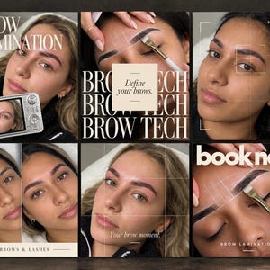 Puede incluir: Un collage de imágenes que muestra servicios de laminado de cejas. El texto incluye BROW LAMINATION, Define your brows, BROW TECH, book now, BROWS & LASHES y Your brow moment. Las imágenes muestran primeros planos de modelado.