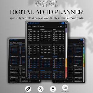 May include: A digital ADHD planner displayed on three tablet screens, featuring a 2026 and 2027 yearly calendar with a dark theme, blue text, and colorful side tabs. The text reads: DIGITAL ADHD PLANNER, 1500+ Hyperlinked pages, GoodNotes, iPad & Androids.