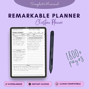 May include: A digital tablet displaying a Remarkable Planner with the text Divine Journey, accompanied by a stylus. The screen shows a Christian planner layout with handwritten notes. The graphic includes the text 1800+ pages, Hyperlinked, Instant Access, and Cloud Compatible.