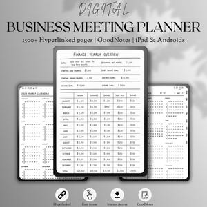 May include: A digital business meeting planner displayed on three tablet screens. The central screen shows a finance yearly overview table with columns for income, expenses, savings, debt paid, and giving. Text includes 1500+ Hyperlinked pages.