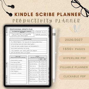 Op de afbeelding: Een digitale Kindle Scribe productiviteitsplanner weergegeven op een tabletscherm met een styluspen. Het scherm toont een sjabloon voor een professioneel groeiplan met tekstvelden voor carrièredoelen, functiebeschrijvingen en actiepunten.
