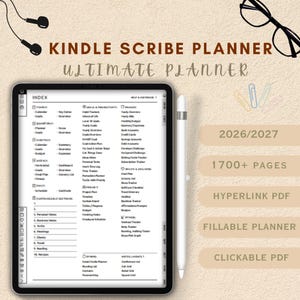 May include: A digital planner for Kindle Scribe displaying an index page with sections for yearly, quarterly, monthly, and weekly planning, health, and productivity. The screen shows text including 2026/2027, 1700+ pages, hyperlink PDF, and fillable planner.