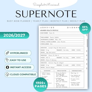 May include: A digital planner titled Simple & Minimal Supernote 2026/2027 for busy moms. The page displays a Member Health Profile with fields for allergies, medications, dosages, and doctor contact information, featuring hyperlinked navigation icons.