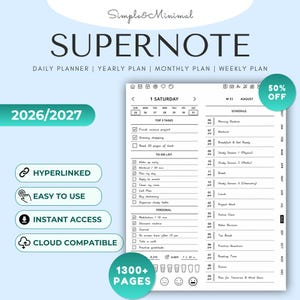 Può includere: Un'agenda giornaliera digitale intitolata Supernote con oltre 1300 pagine per il 2026/2027. L'interfaccia include un programma, una lista di cose da fare, le 3 attività principali e tracker delle abitudini. Etichette per collegamenti e cloud.