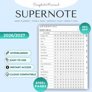 Puede incluir: Un planificador digital titulado SUPERNOTE de Simple&Minimal para 2026/2027. La interfaz muestra un rastreador de facturas anual con casillas de verificación para pagos mensuales, iconos de navegación y etiquetas para las funciones del producto.