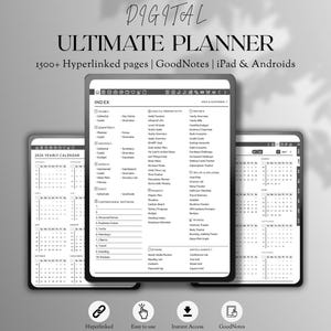 May include: A digital ultimate planner displayed on three tablet screens. The central screen shows an index page with categories for yearly, quarterly, monthly, weekly, and daily planning, plus finance, health, and project trackers with 1500+ hyperlinked pages.