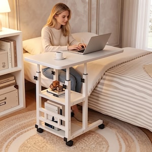 Adjustable C Shaped Side Table With Wheels, Mobile Laptop Desk, Bedside Table, Rolling Sofa Table, Snack Cart, Home Office & Study Table