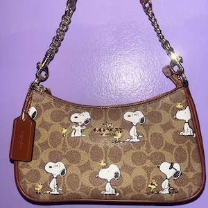 Puede incluir: Un bolso de mano con estampado de monograma en marrón y beige que presenta un patrón repetitivo de los personajes Snoopy y Woodstock. El bolso tiene una correa de cadena dorada, ribetes de cuero marrón, el logo de Coach y una etiqueta de cuero.