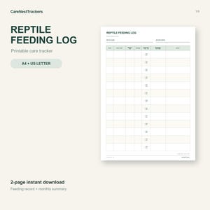 Puede incluir: Un registro de alimentación para reptiles imprimible con una cuadrícula para anotar fechas, alimentos, cantidades y éxito de la alimentación. El documento incluye columnas para notas y detalles, disponible en formatos A4 y US Letter para descargar.