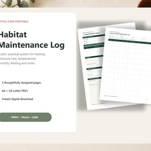 Reptile Habitat Maintenance Log Printable, A4 and US Letter PDF, 5-Page Enclosure Care Tracker