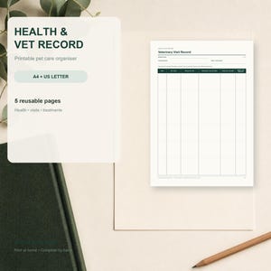 Pet Health and Vet Record Printable, Veterinary Visit & Medication Log, A4 US Letter PDF