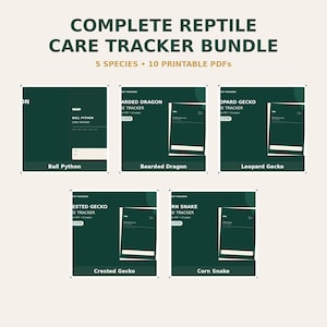 Puede incluir: Un paquete digital titulado COMPLETE REPTILE CARE TRACKER BUNDLE 5 SPECIES 10 PRINTABLE PDFs. Incluye cinco tarjetas gráficas de color verde oscuro para el seguimiento de cuidados de pitón bola, dragón barbudo, gecko leopardo, gecko crestado y serpiente del maíz.