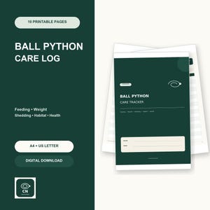 Ball Python Care Tracker Printable, Feeding Weight Shedding and Habitat Log