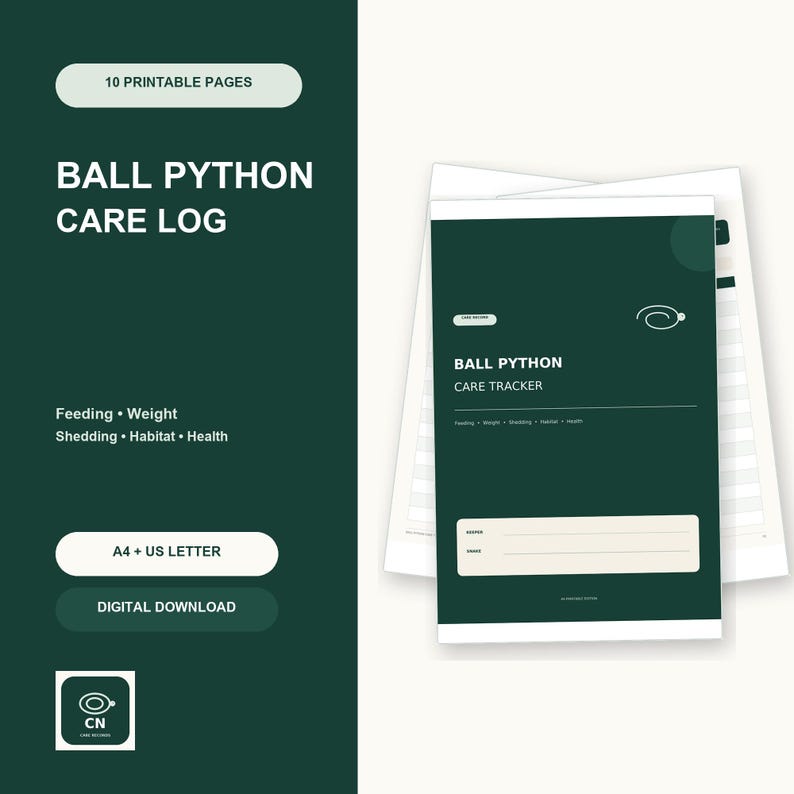 Ball Python Care Tracker Printable, Feeding Weight Shedding and Habitat Log image 1
