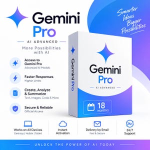 May include: A white and blue product box for Gemini Pro AI Advanced software. The box features the Gemini Pro logo, a four-pointed star icon, and the text 18 MONTHS. The surrounding text highlights features like faster responses, secure access, and cross-device compatibility.