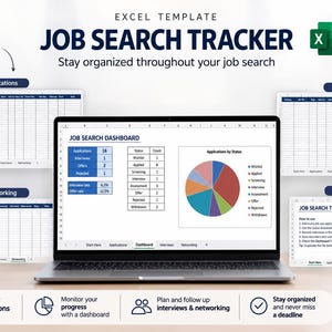May include: An Excel template for a job search tracker displayed on a laptop screen, featuring a dashboard with a pie chart, application status tables, and tabs for applications, interviews, networking, and instructions for tracking job progress.