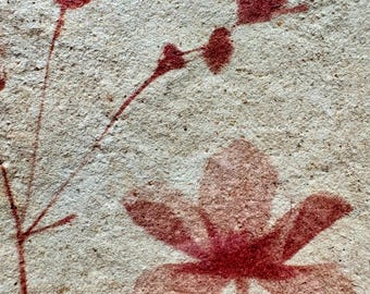 May include: A piece of textured, light beige paper featuring a botanical print in a deep reddish-brown ink. The design displays a single large five-petalled flower at the bottom centre, accompanied by slender stems with smaller buds.