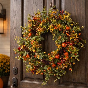 May include: A circular autumn wreath featuring a mix of green eucalyptus leaves, small orange pumpkins, dark brown pinecones, and clusters of red and yellow berries. The wreath is hung on a dark brown wooden door with a visible metal door handle.