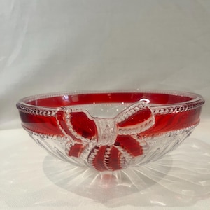 Vintage Mikasa Ruby Ribbon Glass Bowl | Red Bow Holiday Serving Bowl