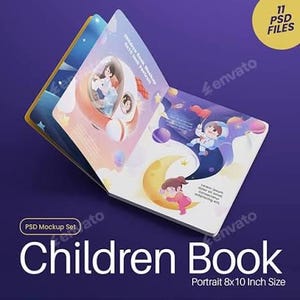 May include: An open children's book mockup featuring colorful illustrations of a space-themed scene with an astronaut and a child on a crescent moon. The book displays text and graphics on a purple background, labeled as 11 PSD files, 8x10 inch size.