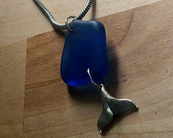 Cobalt Sea Glass Sterling Whale Tail Necklace