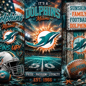 May include: A digital graphic design featuring Miami Dolphins football imagery, including a helmet, a football, a stadium field, and text reading It's a Dolphins Miami, Fins Up, Sunshine Family Football Dolphins, Pride Passion Loyalty, and Est. 1966.
