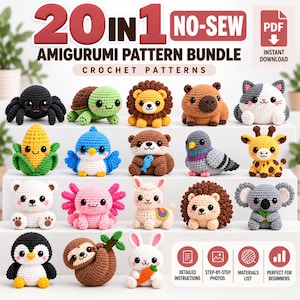 20-i-1-paket med syfria amigurumi-virkmönster (PDF-nedladdning)