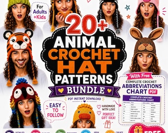 Könnte beinhalten: Eine digitale Sammlung von über 20 Häkelanleitungen für Tiermützen, darunter Designs wie Frosch, Tiger, Zebra, Schwein und Hase. Das Paket enthält ein kostenloses PDF mit einer Tabelle der Häkelabkürzungen sowie leicht verständliche Anleitungen.
