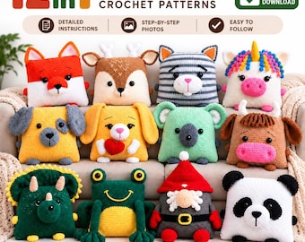 Könnte beinhalten: Ein digitales Dokument mit dem Titel 12 in 1 ANIMAL PILLOW CROCHET PATTERNS, das zwölf bunte, gehäkelte quadratische Kissen in Tierform zeigt, darunter ein Fuchs, ein Reh, eine Katze, ein Einhorn, ein Hund, ein Koala, ein Rind, ein Dinosaurier, ein Frosch, ein Wichtel und ein Panda.