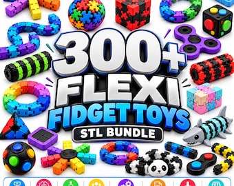 Puede incluir: Una colección de juguetes fidget imprimibles en 3D coloridos, incluyendo cadenas articuladas, bolas de rompecabezas, cubos y una figura de tiburón. El texto central dice 300+ FLEXI FIDGET TOYS STL BUNDLE. Los iconos inferiores indican imprimible en 3D, alivio del estrés, enfoque, diversión, articulado, fácil de imprimir, descarga instantánea y uso comercial.