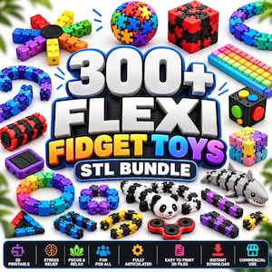 Puede incluir: Una colección de más de 300 juguetes fidget flexibles en un paquete STL, con varias formas articuladas como un panda, tiburón, esferas, cubos y cadenas en colores arcoíris, negro y rojo. Se muestra el texto 300+ FLEXI FIDGET TOYS STL BUNDLE.