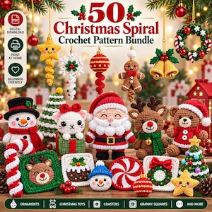 Op de afbeelding: Een digitaal haakpatroonpakket getiteld 50 Christmas Spiral Crochet Pattern Bundle met diverse amigurumi-ornamenten zoals een sneeuwpop, de kerstman, rendier, beer, kat en feestelijke onderzetters met kerstmotieven.