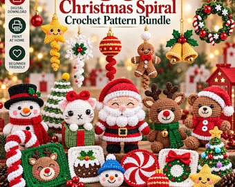 Könnte beinhalten: Ein digitales Download-Paket mit 50 Weihnachts-Häkelmustern für Ornamente, Spielzeug und Untersetzer. Das Bild zeigt gehäkelte Figuren wie einen Schneemann, den Weihnachtsmann, ein Rentier, einen Teddybären und eine Katze in einer Geschenkbox.