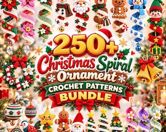 Könnte beinhalten: Eine Sammlung von gehäkelten Weihnachtsornamenten mit verschiedenen Figuren wie Schneemännern, Weihnachtsmann, Rentieren, Lebkuchen und Elfen sowie Spiraldesigns und Kränzen. Der zentrale Text lautet 250+ Christmas Spiral Ornament Crochet Patterns Bundle.