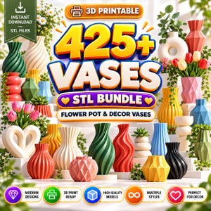 Pode incluir: Uma coleção digital de mais de 425 arquivos STL de vasos e floreiras imprimíveis em 3D. A imagem exibe uma variedade de vasos decorativos em diversas formas, incluindo designs em espiral, geométricos e em forma de coração.