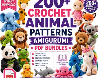 Könnte beinhalten: Eine digitale Sammlung von 200+ Häkelanleitungen für Tiere mit Amigurumi-Designs von Giraffe, Elefant, Schildkröte, Löwe, Panda, Frosch, Küken, Hai, Oktopus, Drache, Einhorn, Bär, Koala, Fuchs und Hase inklusive Schritt-für-Schritt-PDF-Anleitungen.