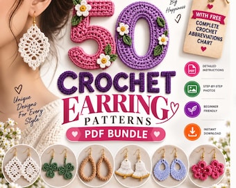 Könnte beinhalten: Ein digitales PDF-Paket mit 50 Häkelanleitungen für Ohrringe. Die Grafik zeigt den Text 50 CROCHET EARRING PATTERNS sowie Abbildungen verschiedener gehäkelter Ohrringe in Weiß, Grün, Beige und Pink, ergänzt durch verschiedene erklärende Symbole.