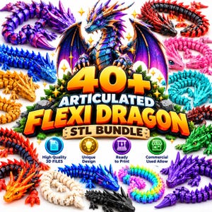 Puede incluir: Una colección digital de más de 40 archivos STL de dragones articulados flexibles para impresión 3D. La imagen muestra numerosas figuras de dragones segmentadas y coloridas con el texto 40+ ARTICULATED FLEXI DRAGON STL BUNDLE.