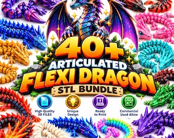 Könnte beinhalten: Eine digitale Sammlung von über 40 beweglichen Flexi-Drachen STL-Dateien für den 3D-Druck. Das Bild zeigt zahlreiche bunte, segmentierte Drachenfiguren in verschiedenen Posen mit dem Text 40+ ARTICULATED FLEXI DRAGON STL BUNDLE.
