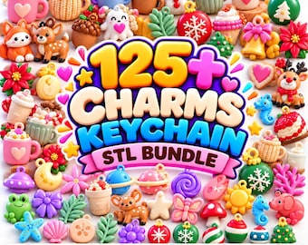 Könnte beinhalten: Eine digitale Sammlung von über 125 Charm- und Schlüsselanhänger-STL-Dateien mit farbenfrohen 3D-Modellen von Tieren, Weihnachtsschmuck, Tassen, Blumen und Formen. Das Bild zeigt den Text 125+ CHARMS KEYCHAIN STL BUNDLE mit Dateityp-Symbolen.