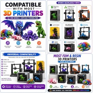 Op de afbeelding: Een digitale advertentie voor 3D-printerbestanden met diverse geprinte modellen, waaronder een regenboogkleurige kameleon, een blauwe draak, een roze axolotl, een paarse octopus en een groene dinosaurus. Tekst: Compatible With Most 3D Printers.