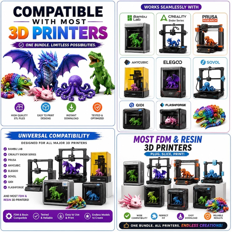 Op de afbeelding: Een digitale advertentie voor 3D-printerbestanden met diverse geprinte modellen, waaronder een regenboogkleurige kameleon, een blauwe draak, een roze axolotl, een paarse octopus en een groene dinosaurus. Tekst: Compatible With Most 3D Printers.