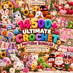 May include: A digital graphic featuring the text 14,500+ ULTIMATE CROCHET PATTERN BUNDLES surrounded by various crocheted items including a white rabbit, a grey cat, a teddy bear, a unicorn, a dinosaur, a snowman, Santa Claus, and a reindeer.