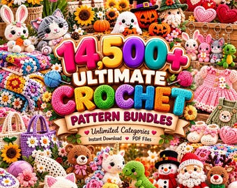 Könnte beinhalten: Eine digitale Grafik mit dem Text 14,500+ ULTIMATE CROCHET PATTERN BUNDLES, umgeben von verschiedenen gehäkelten Objekten, darunter ein weißer Hase, eine graue Katze, ein Teddybär, ein Einhorn, ein Dinosaurier, ein Schneemann und der Weihnachtsmann.
