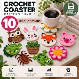 Puede incluir: Un paquete de patrones de ganchillo para 10 posavasos con diseños de búho, conejo, zorro, cerdo, rana, escarabajo, suculenta y flores. La imagen muestra los artículos terminados y el texto CROCHET COASTER PATTERN BUNDLE y PDF INSTANT DOWNLOAD.
