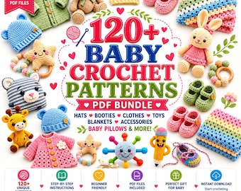 Könnte beinhalten: Eine digitale Sammlung von 120+ Baby-Häkelmustern mit Abbildungen handgefertigter Artikel, darunter eine grüne Strickjacke, ein Teddybär, Mützen, Babyschuhe, Decken, ein Hase, eine Giraffe, eine Sternrassel, ein Bleistiftspielzeug und ein Sonnen-Spielzeug.